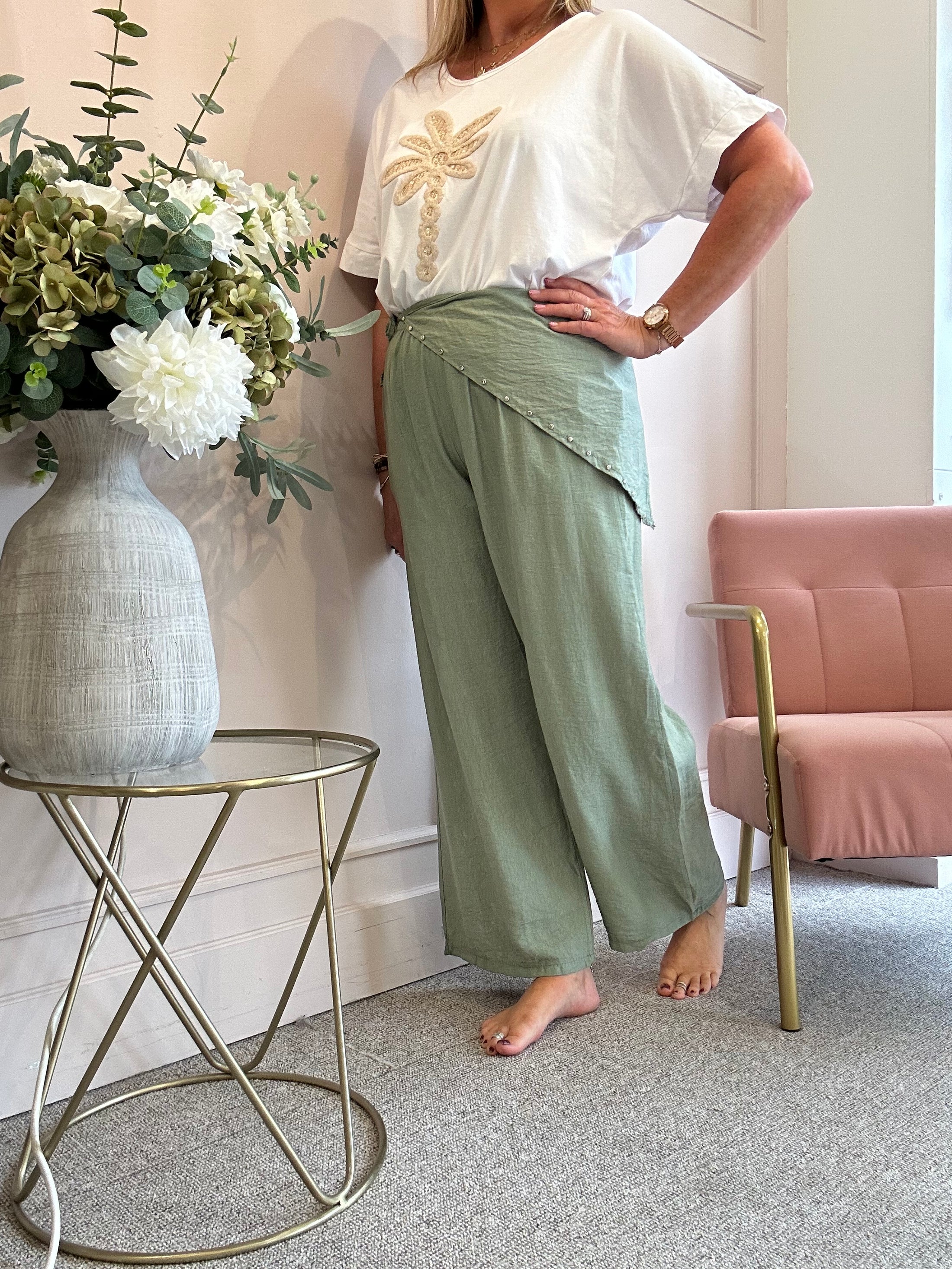 Scarf Tie Wide Pant - Khaki