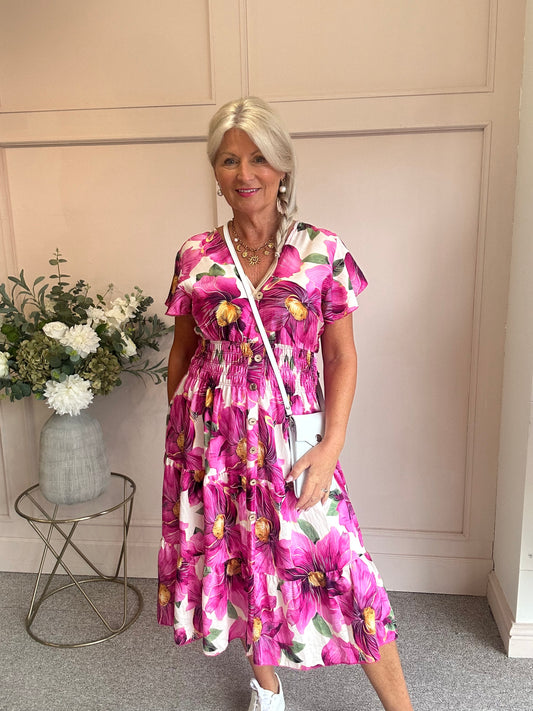 Floral Button Detail Midi dress - Pink/Cream - Wardrobe By Simone