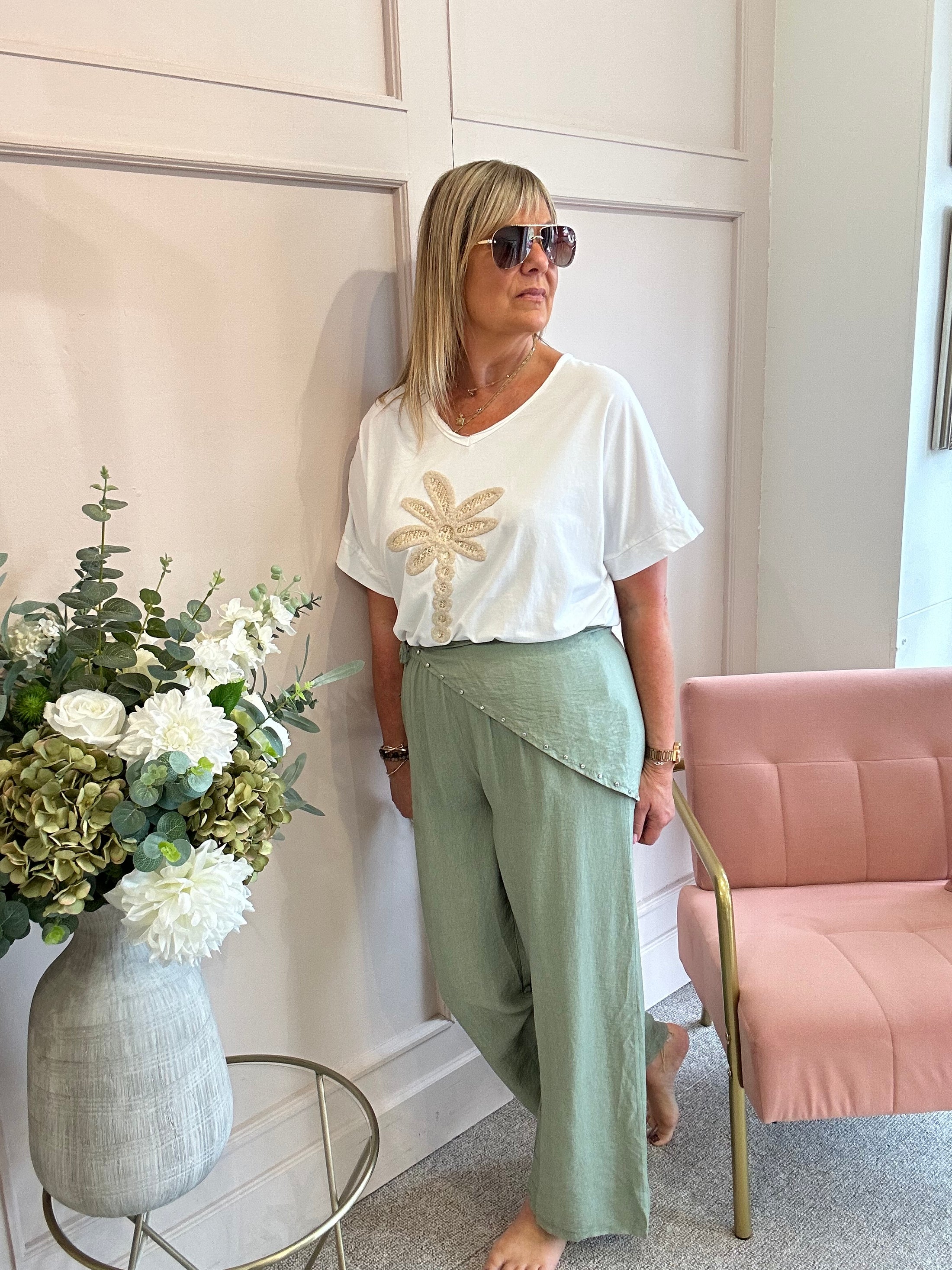 Palm With Gold Sequin T Shirt  - White