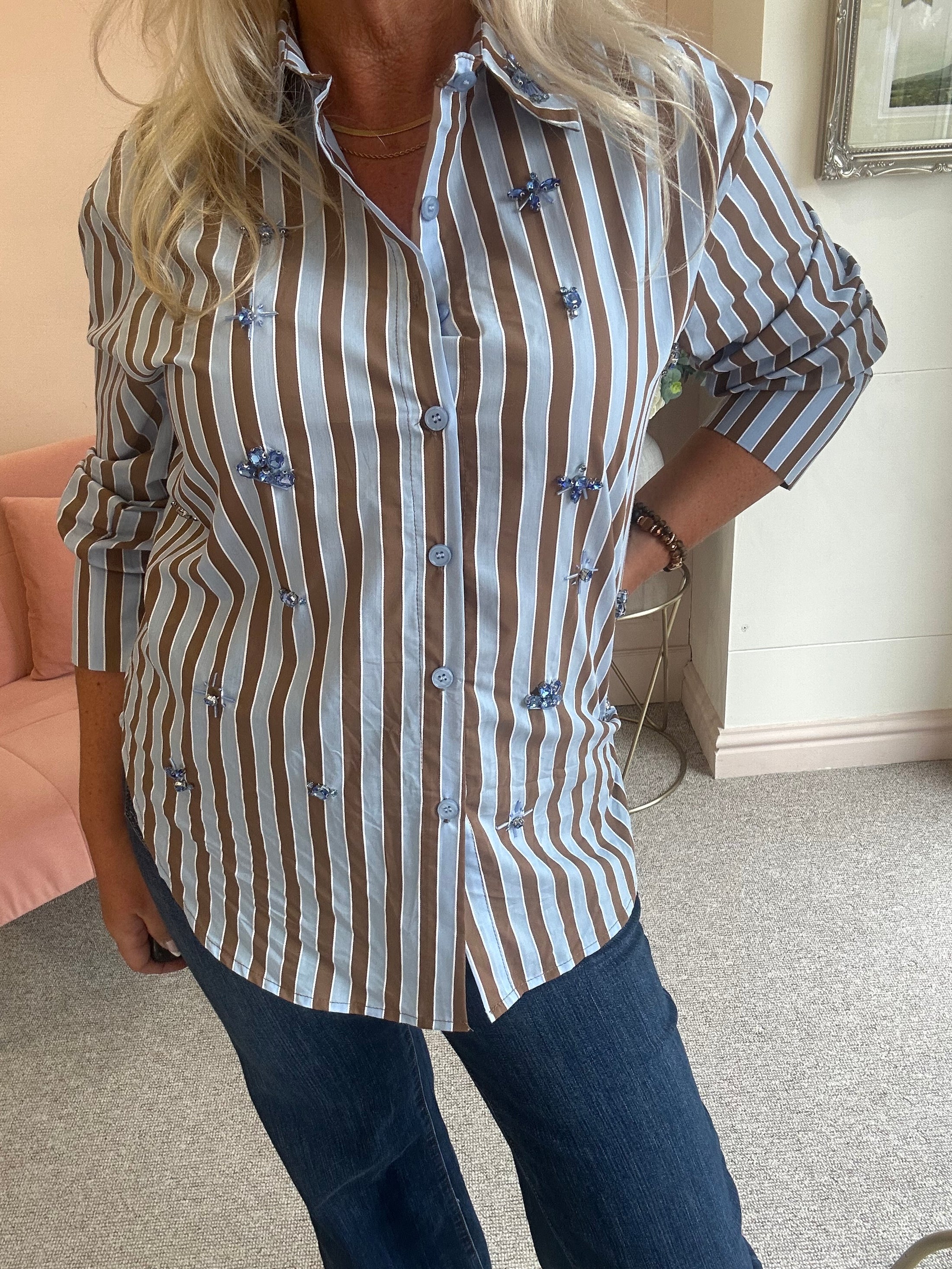 Jewels & Stripes Shirt - Powder Blue/Caramel