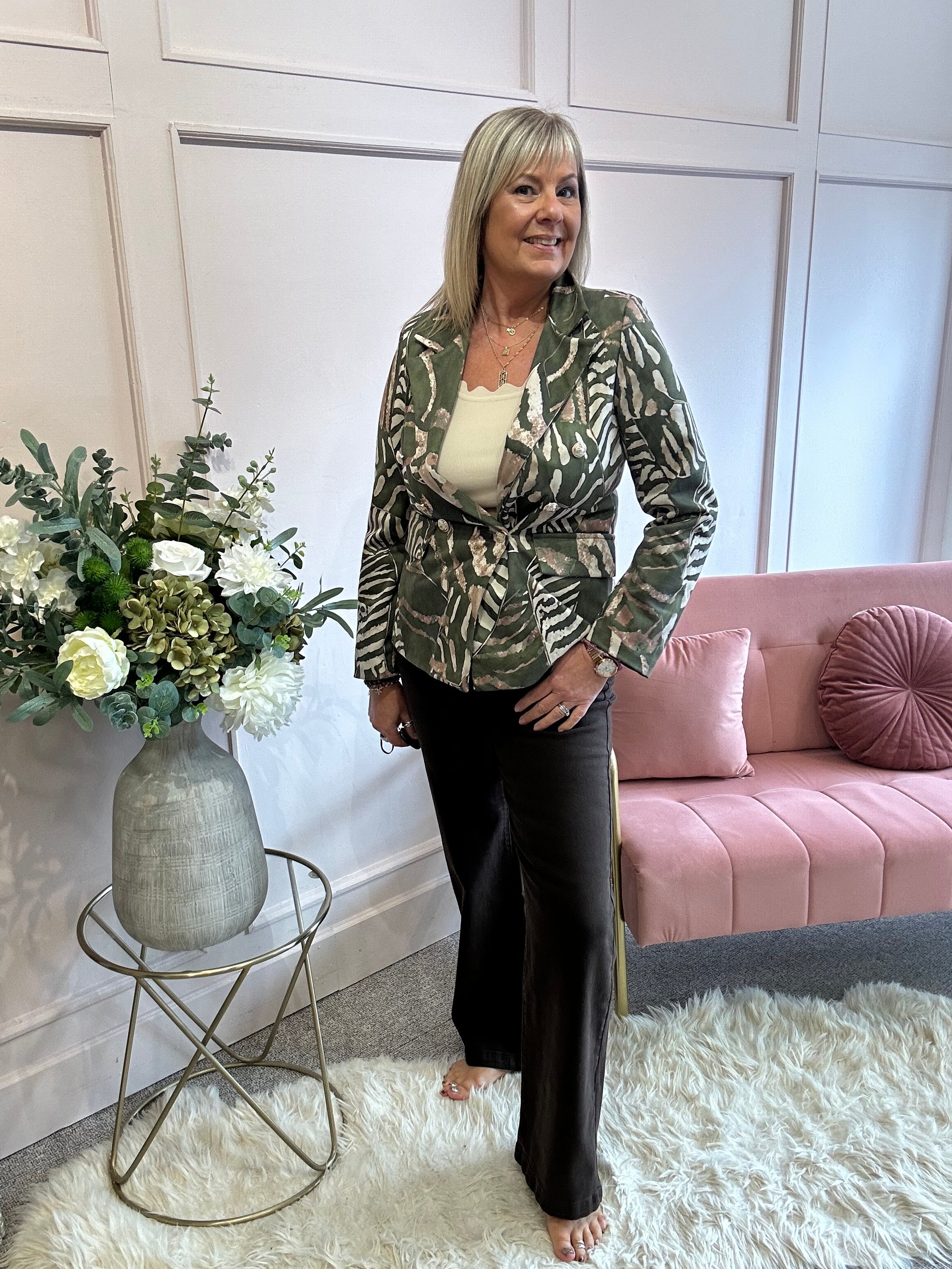 Leafy Double Breasted Jacket - Khaki/Cream