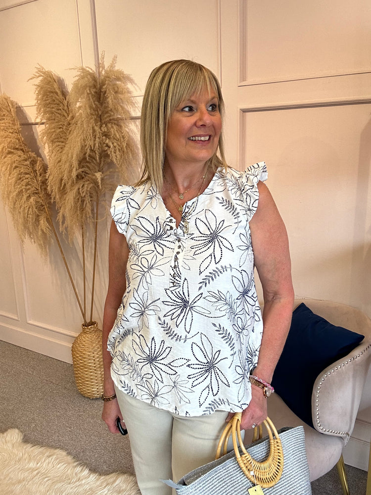 Dotted Flower Frill Cap Top - Navy/White