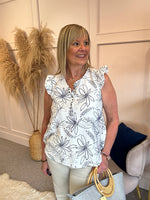 Dotted Flower Frill Cap Top - Navy/White