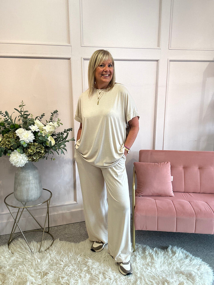 T Shirt & Wide Pant Lounge Set - Creamy Beige - Wardrobe By Simone