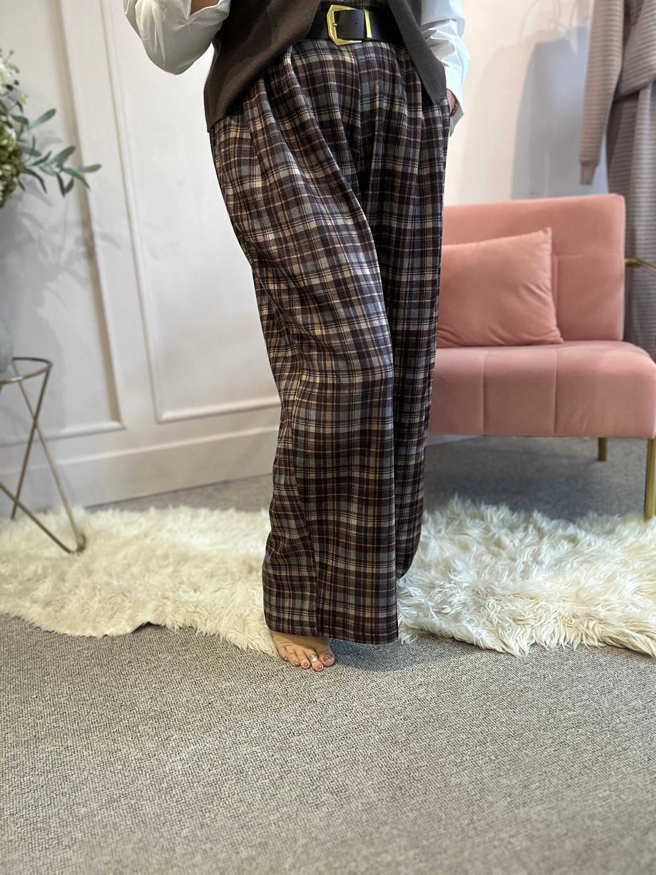 Mixed Checked Chenille Wide Pant - Brown