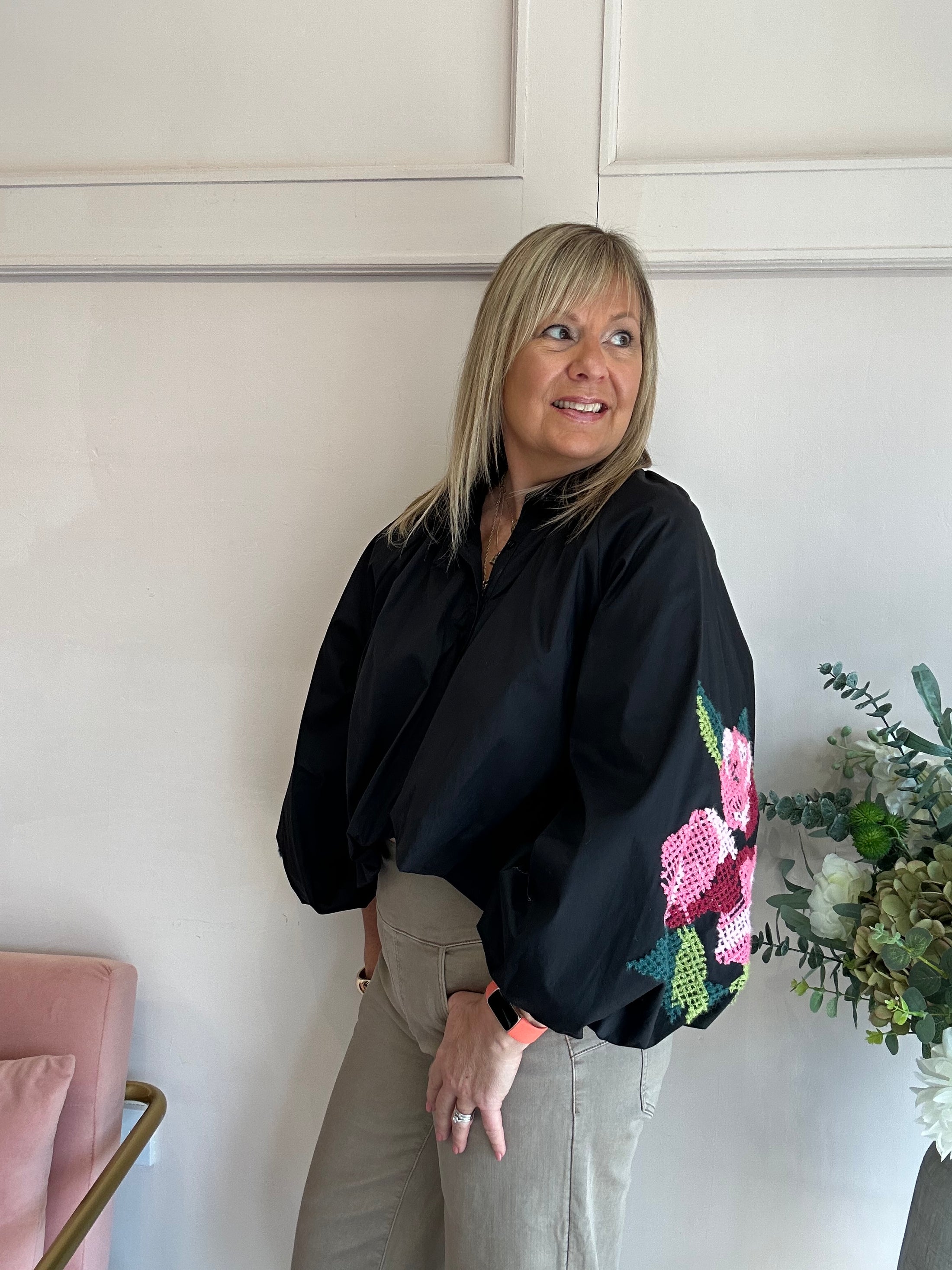 Floral Embroidered Sleeve Shirt - Black