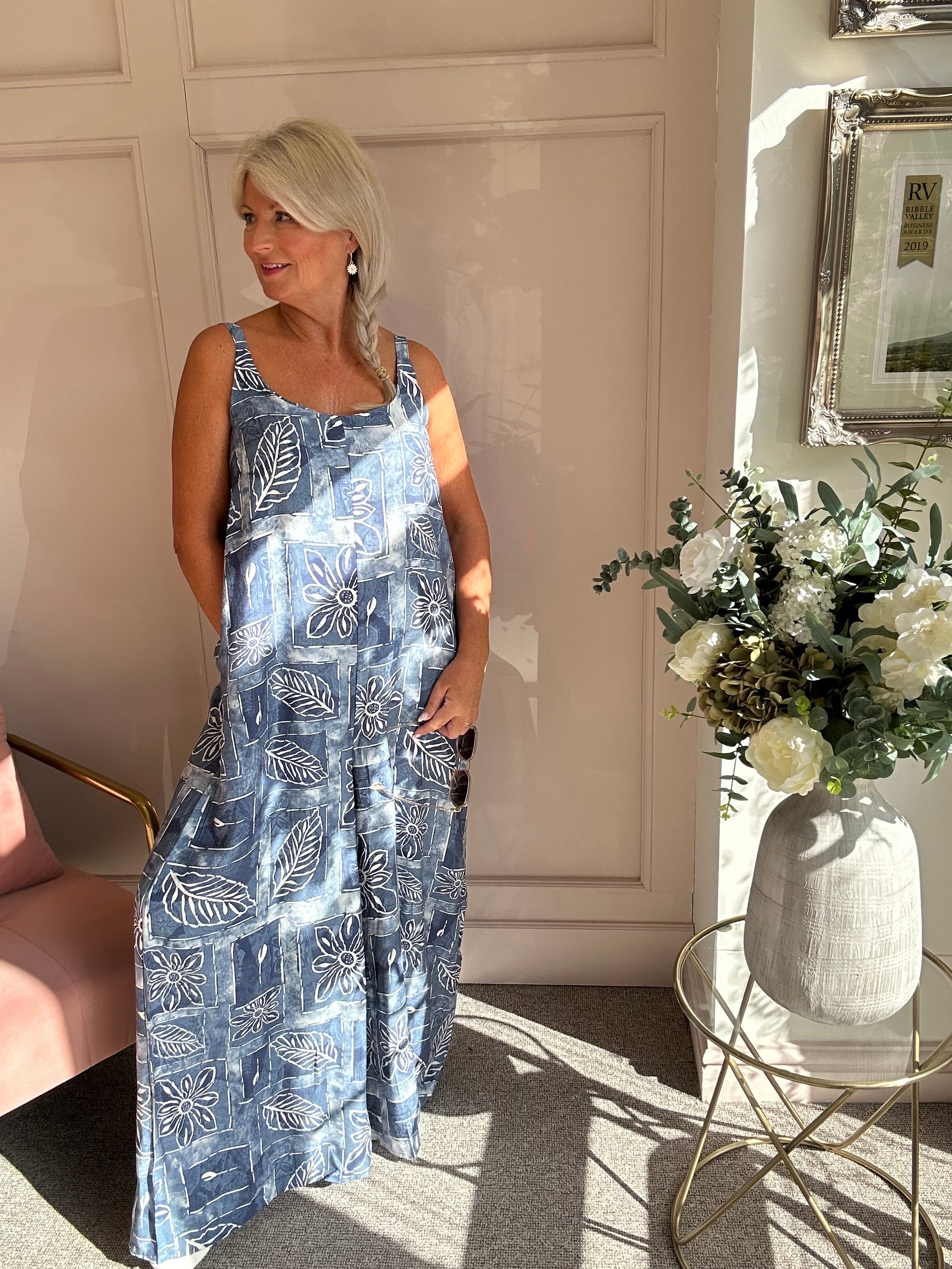 Floral Leaf Design Dungarees - Blue/White - Wardrobe By Simone