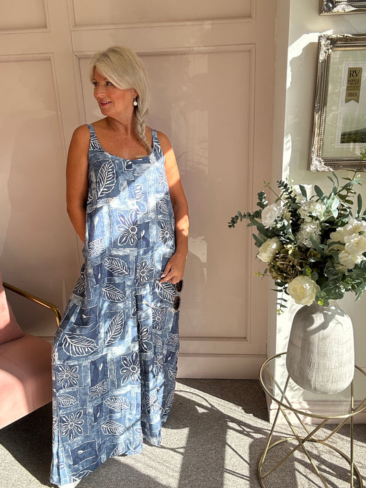 Floral Leaf Design Dungarees - Blue/White - Wardrobe By Simone