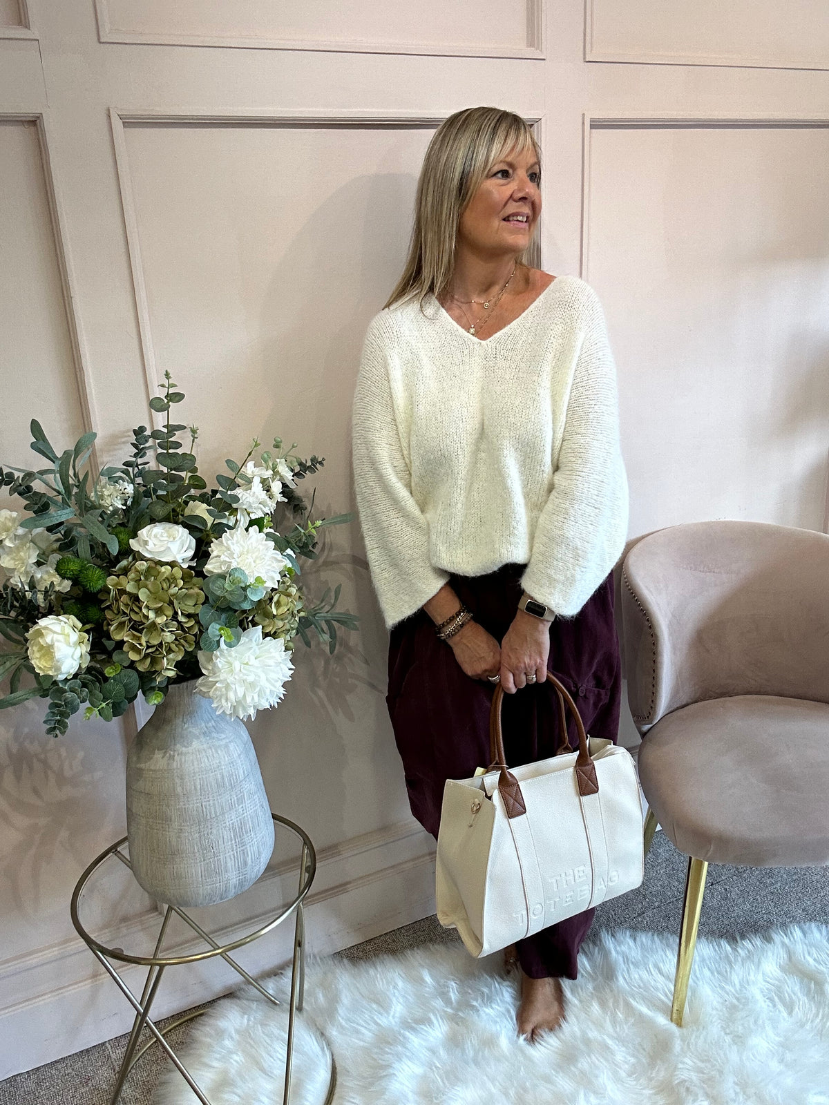 V Neck Knit Jumper - Cream