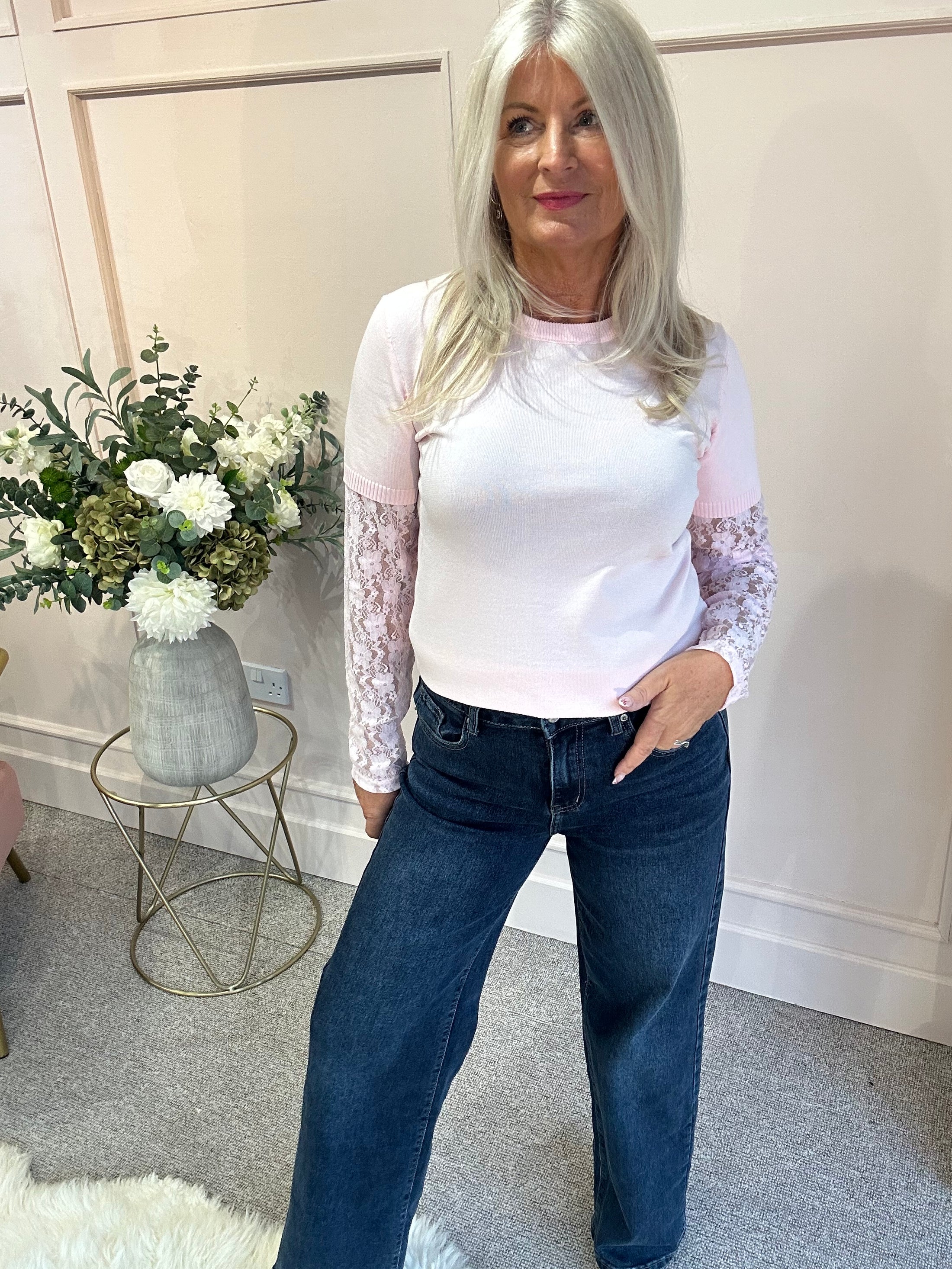 Fine Knit Jumper Lace Sleeve - Pink