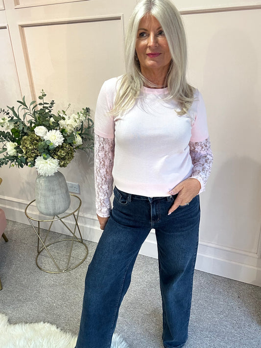 Fine Knit Jumper Lace Sleeve - Pink