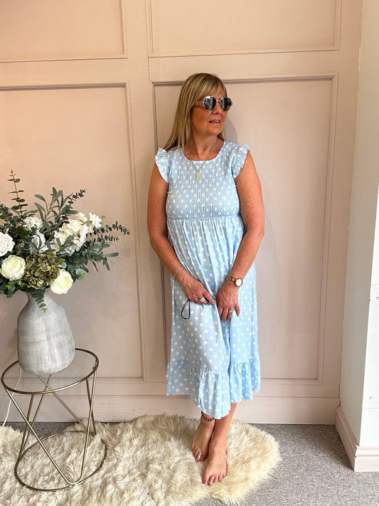 A Spotty Dotty Dress - Pale Blue/Cream