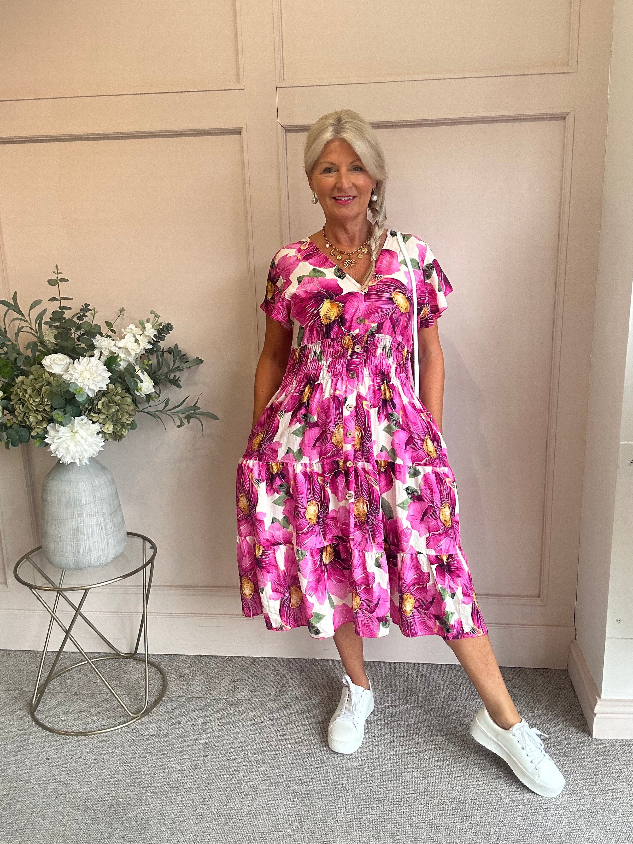 Floral Button Detail Midi dress - Pink/Cream - Wardrobe By Simone