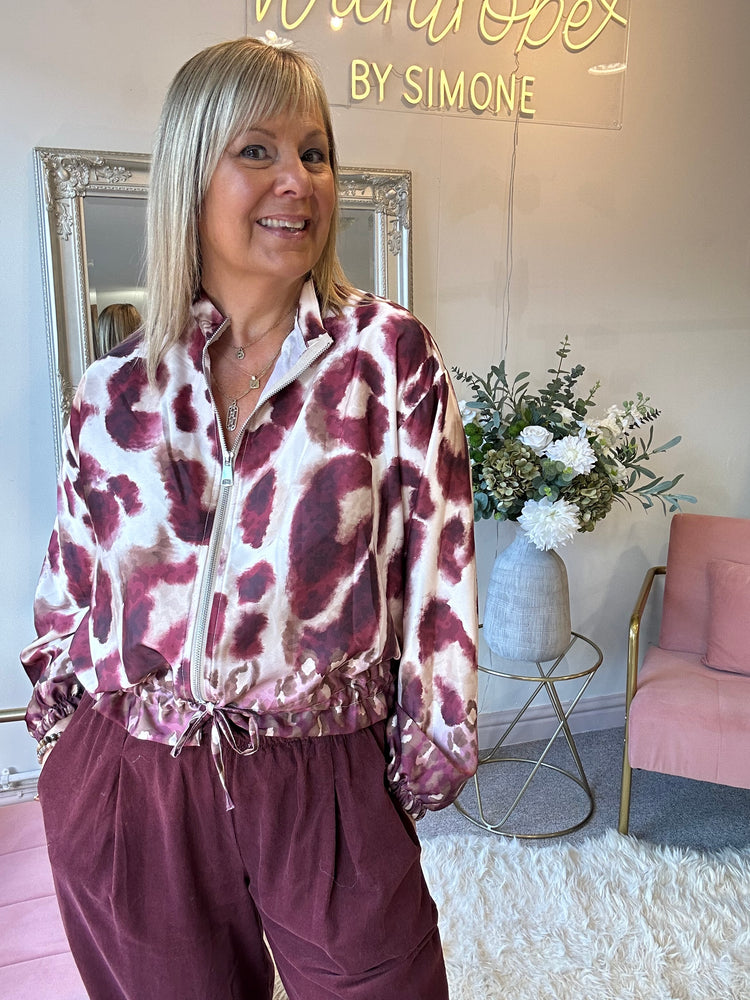 Leopard Satin Zip Bomber - Plum/Beige