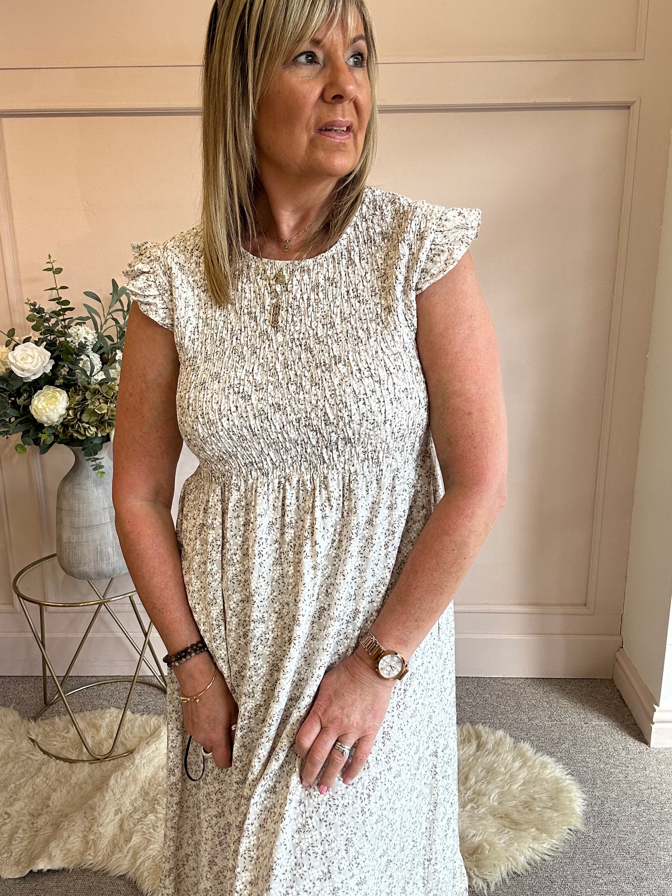 Ditsy Print Dress - Light Beige - Wardrobe By Simone