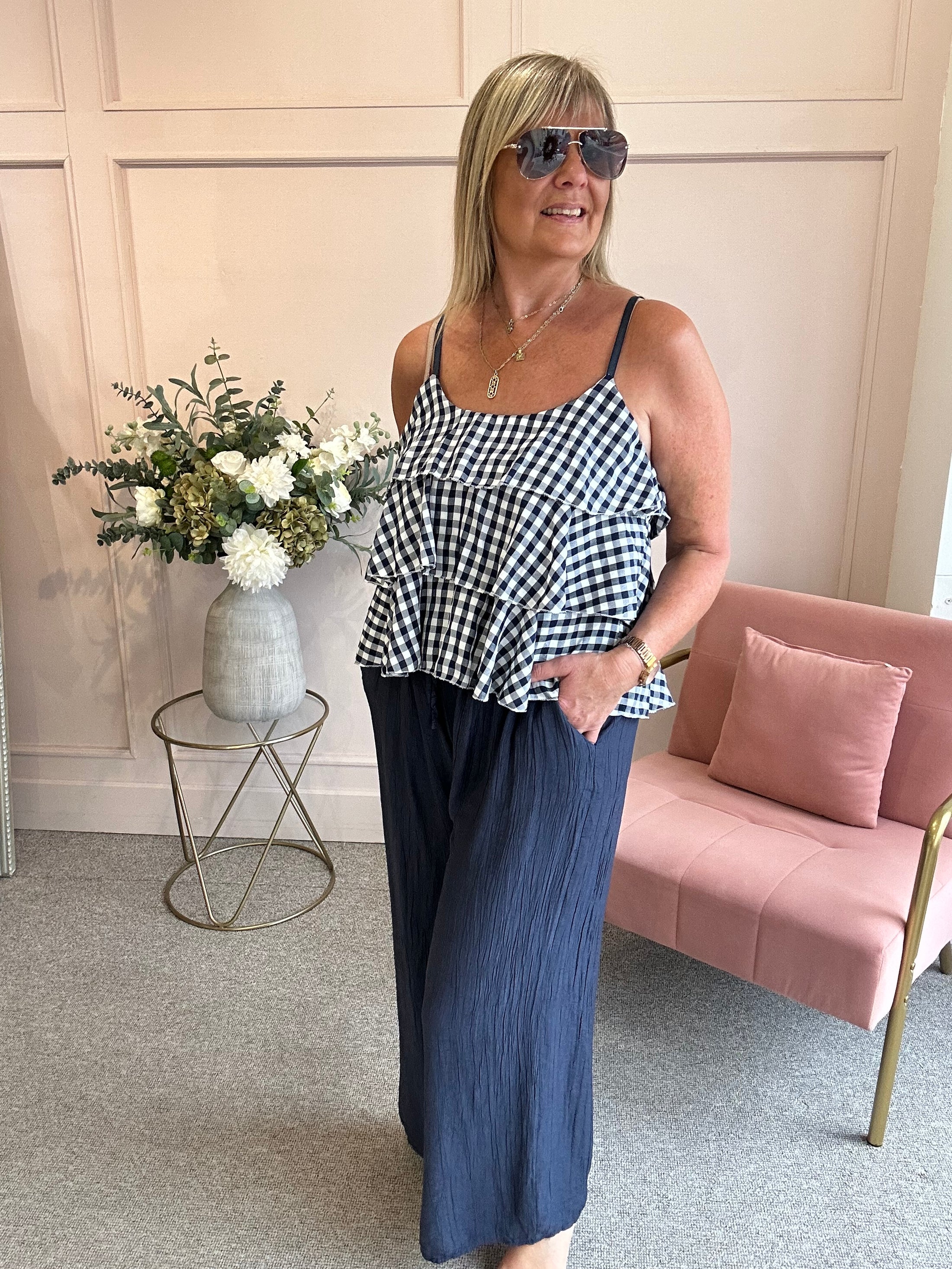 Ra-Ra Gingham Cami Top - Navy/White