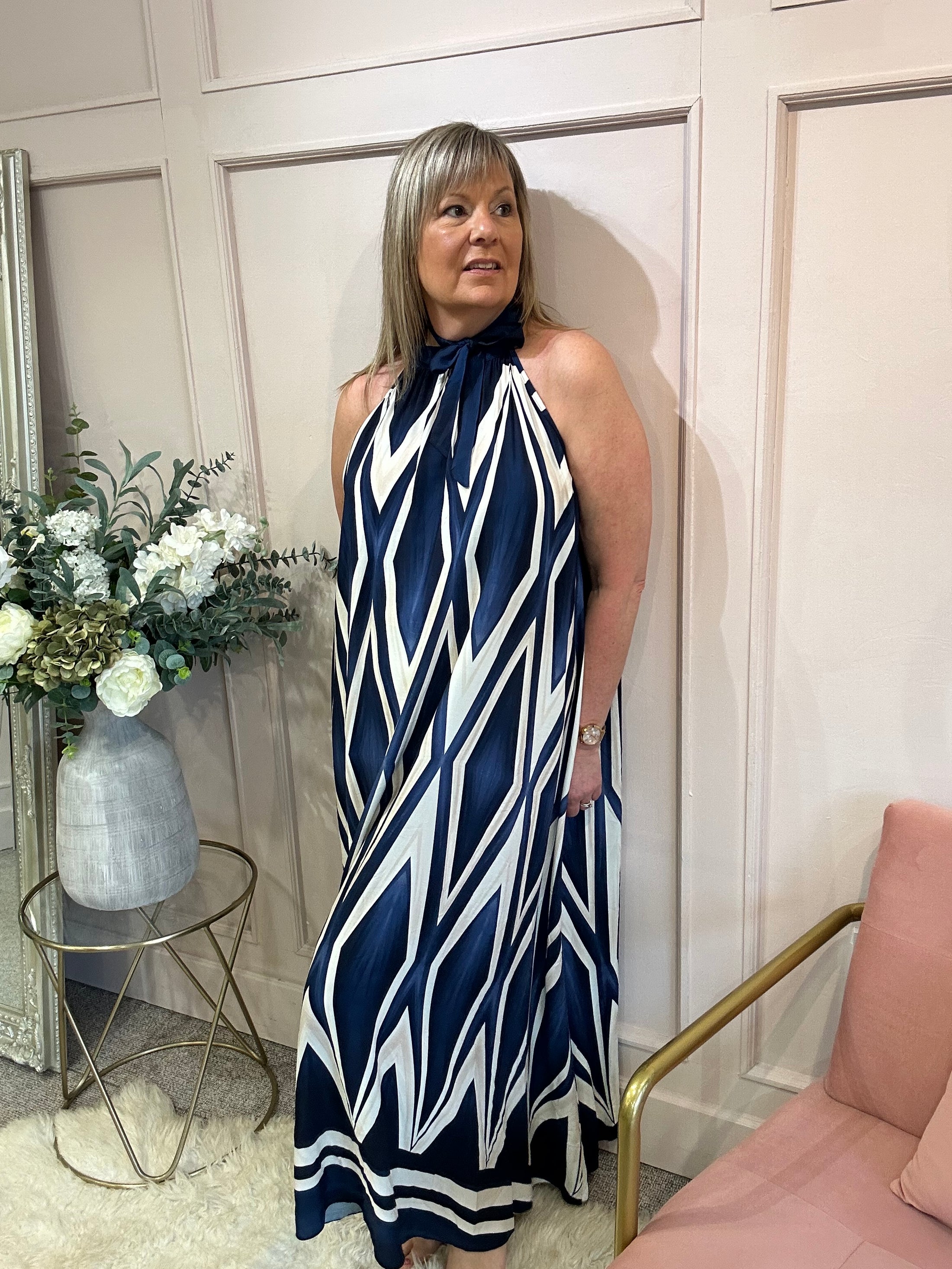 Halter Neck Maxi Dress - Navy/Cream - Wardrobe By Simone