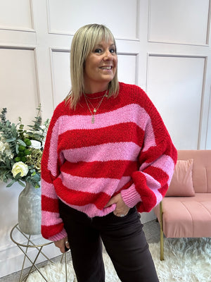 Chunky Striped Knitted Jumper - Red/Pink