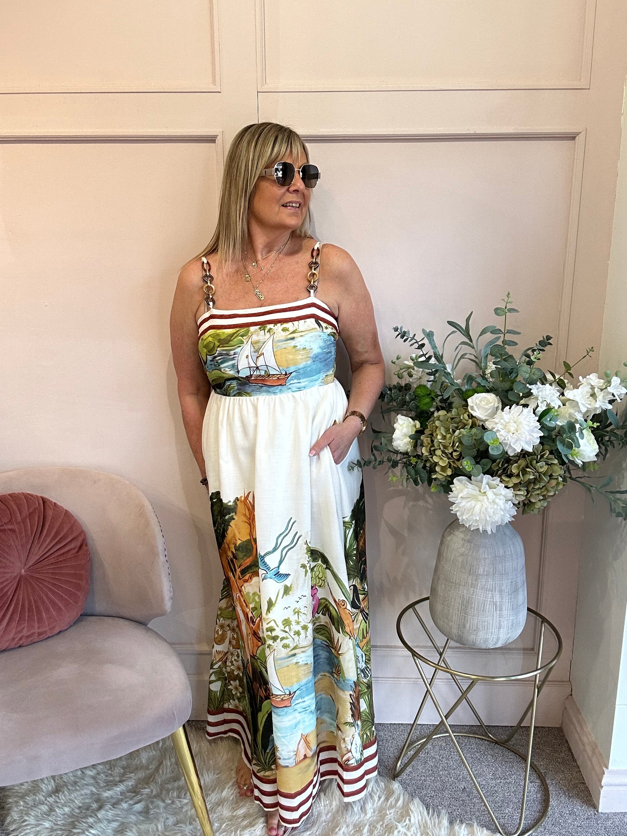 Lost In Paradise Maxi Dress - Cream/Green - Wardrobe By Simone