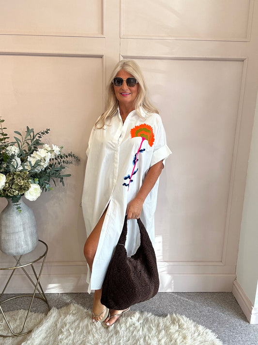 Soleil Embroidered Maxi Shirt  - White - Wardrobe By Simone