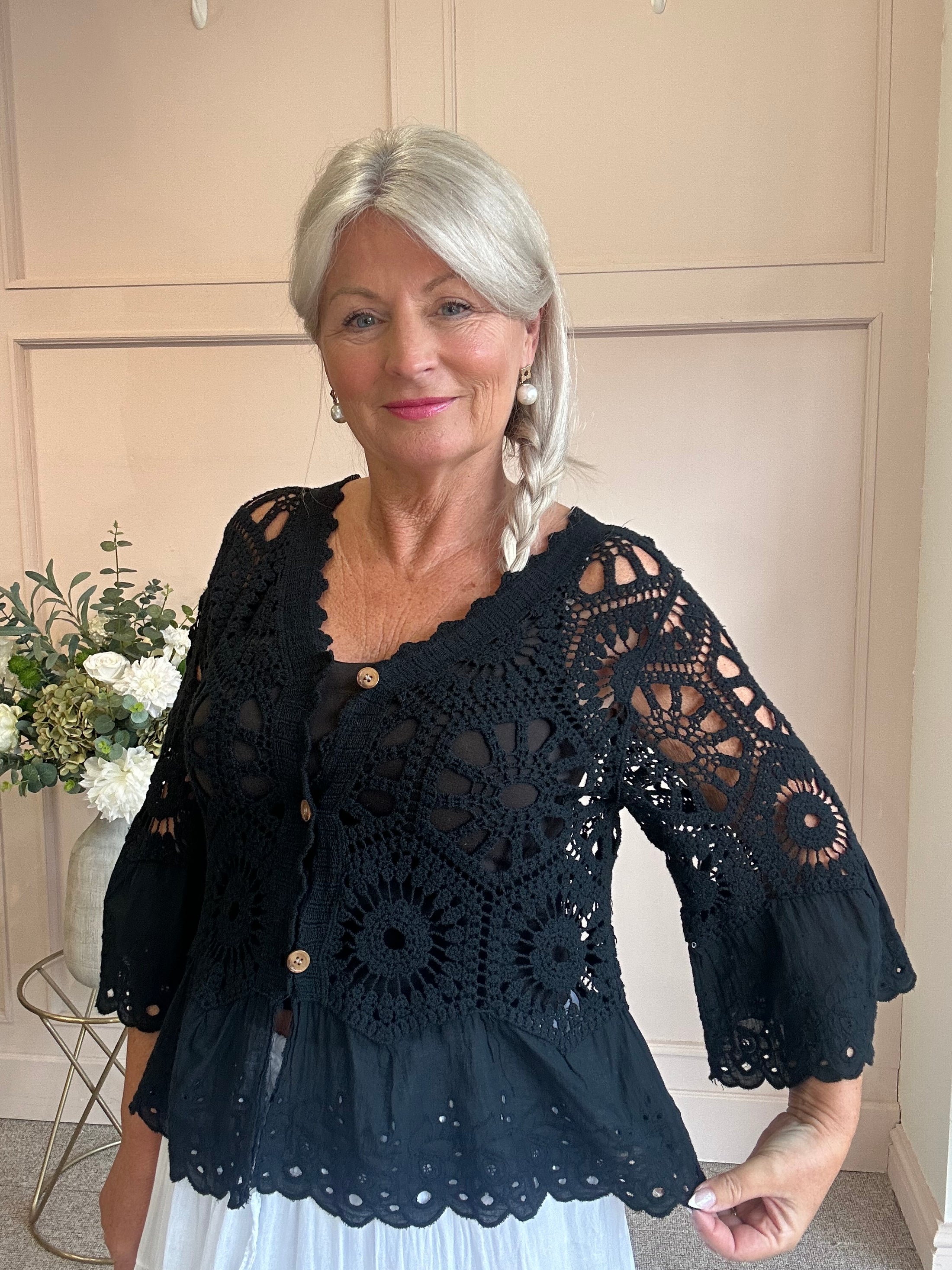 Crochet With Frill Edge Cardigan - Black - Wardrobe By Simone
