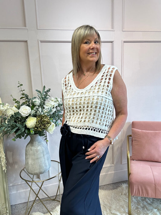 Open Crochet Scoop Neck Top  - White - Wardrobe By Simone