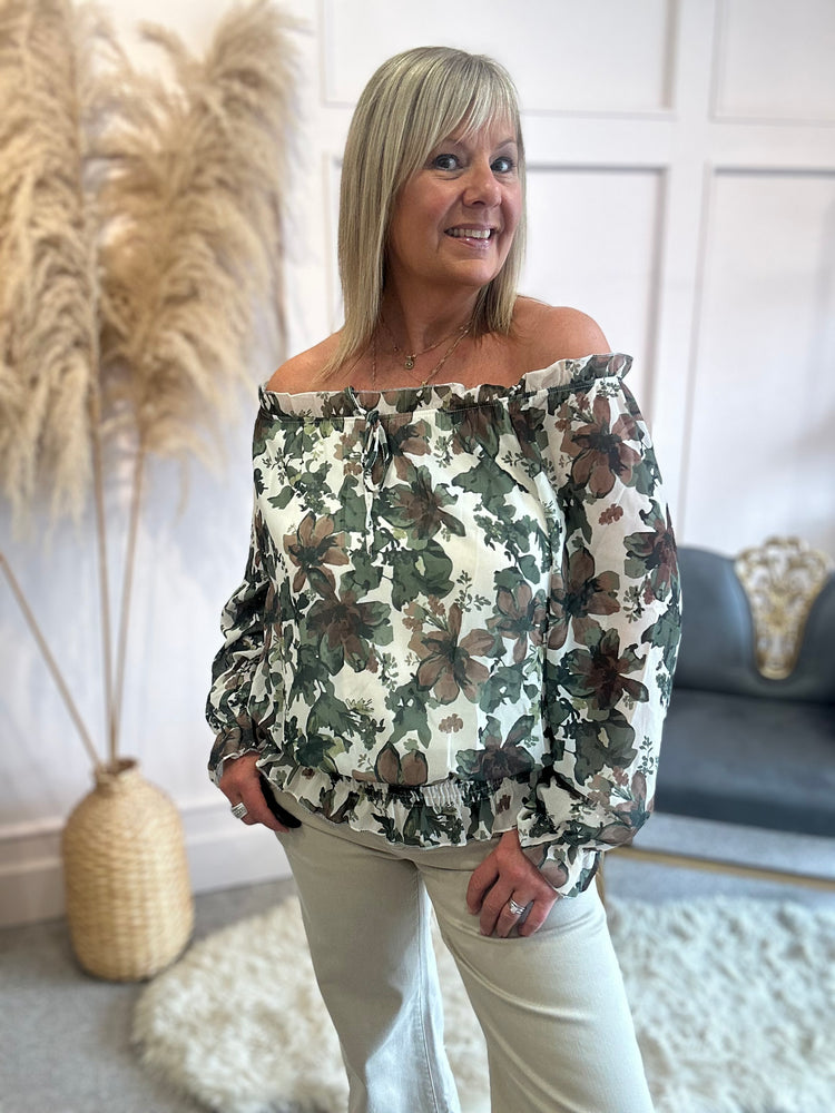 Floral Bloom Ruffle Neck Top - Khaki/Cream - Wardrobe By Simone