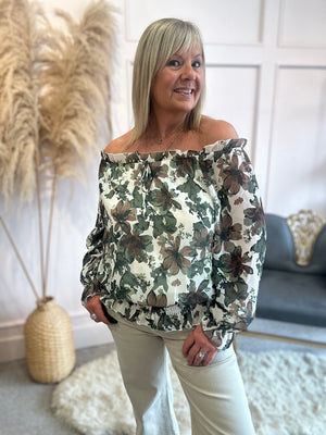 Floral Bloom Ruffle Neck Top - Khaki/Cream - Wardrobe By Simone