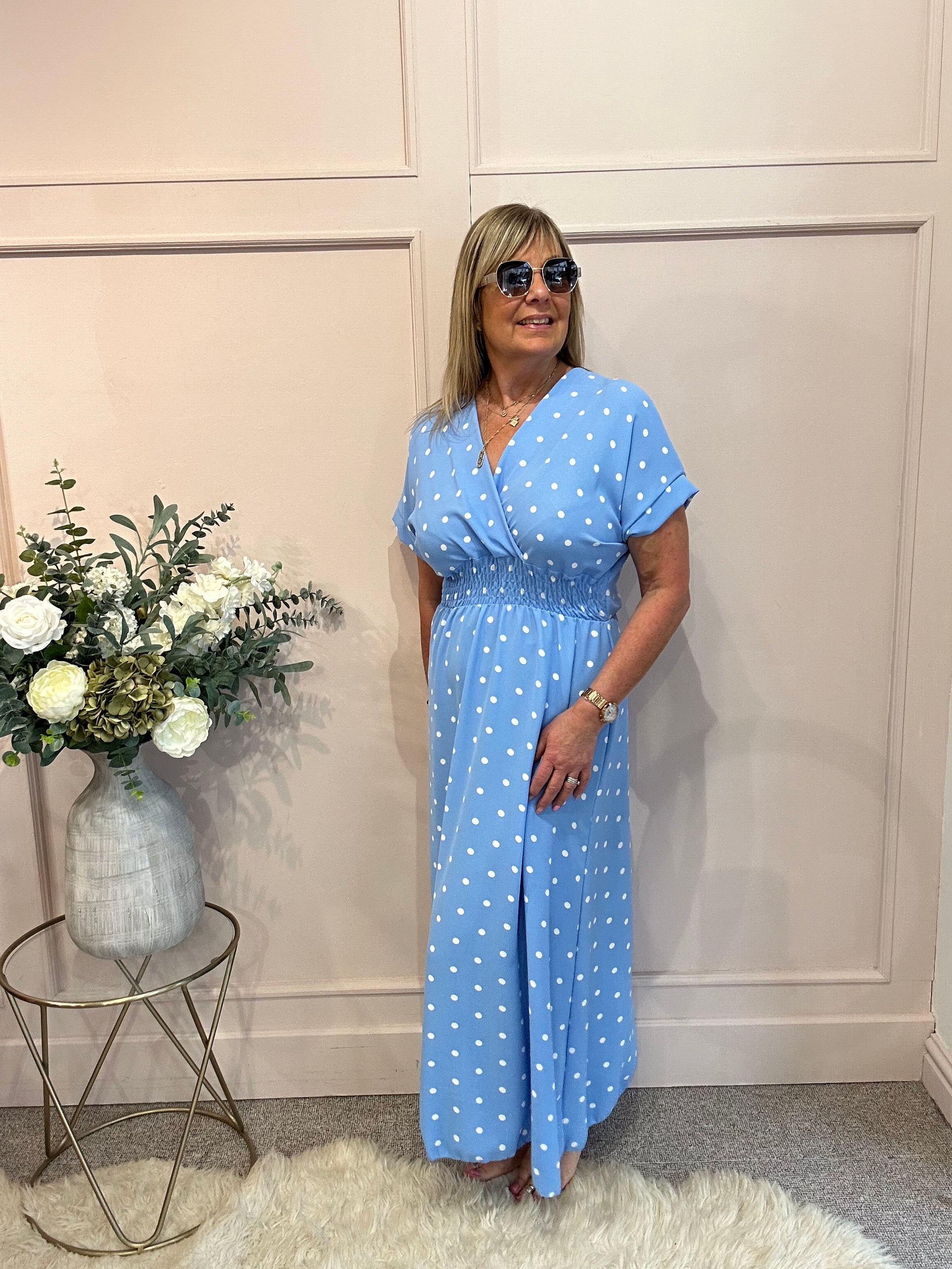 Polkadot V Neck Dress - Cornflower Blue/White One Size