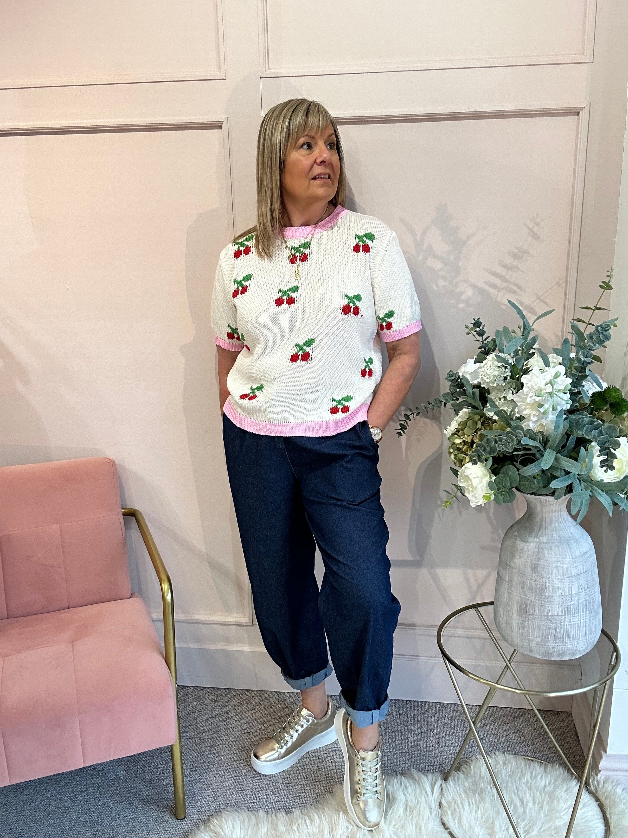 Cute Cherry Knit Jumper - Cream/Pink - Wardrobe By Simone