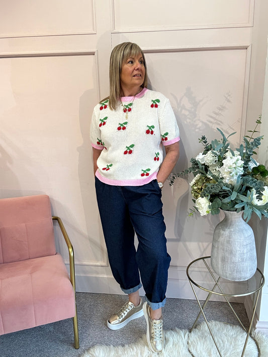 Cute Cherry Knit Jumper - Cream/Pink - Wardrobe By Simone