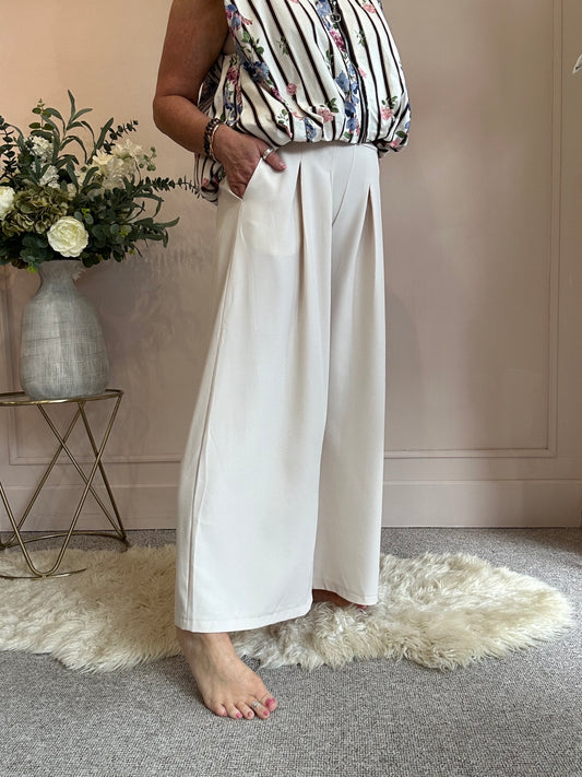 Wide Leg Trouser Belted - Cream One Size