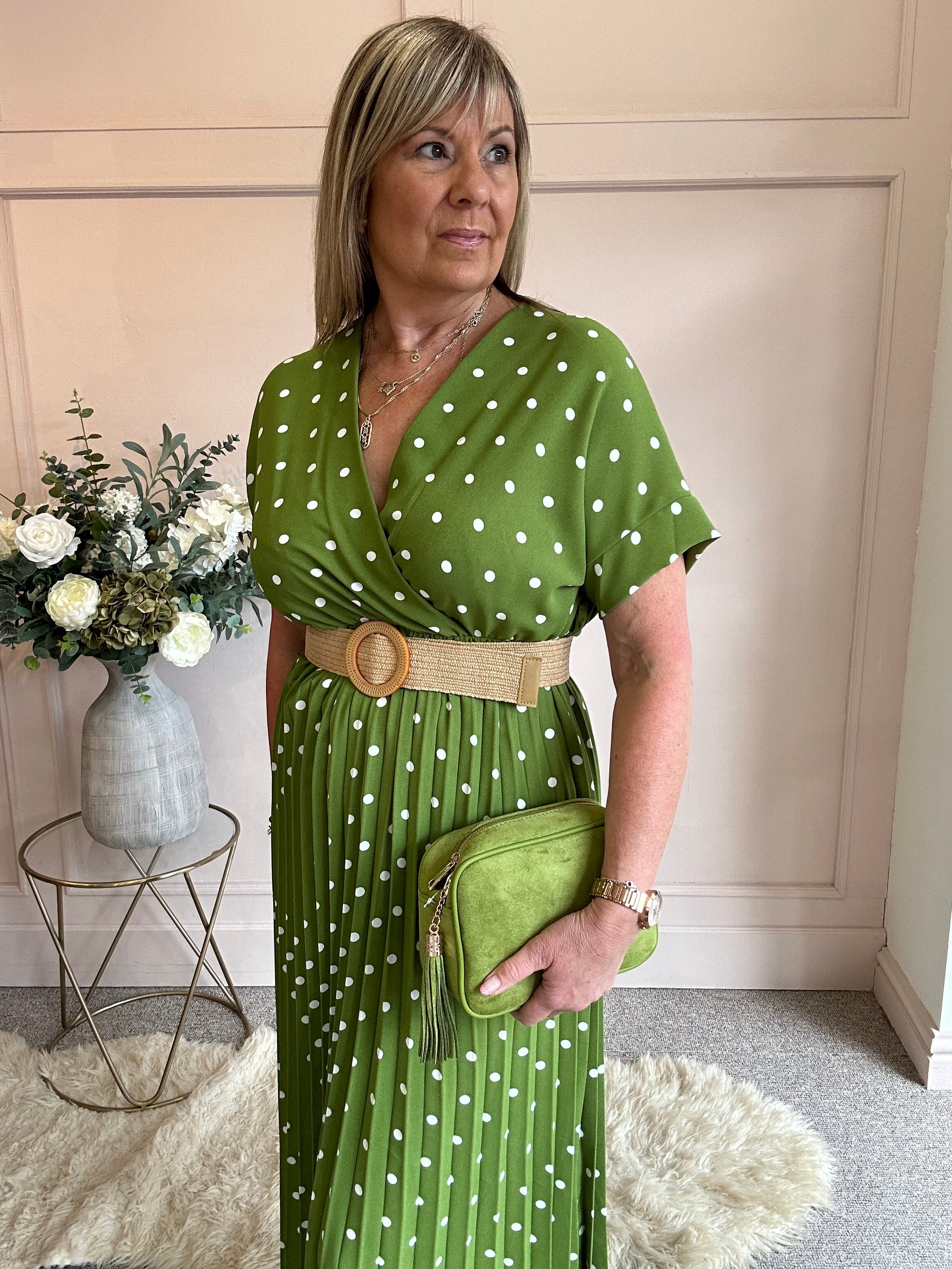Spotty Pleated Dress- Lush Green - Wardrobe By Simone