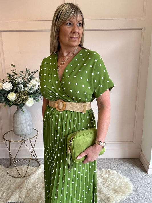 Spotty Pleated Dress- Lush Green - Wardrobe By Simone
