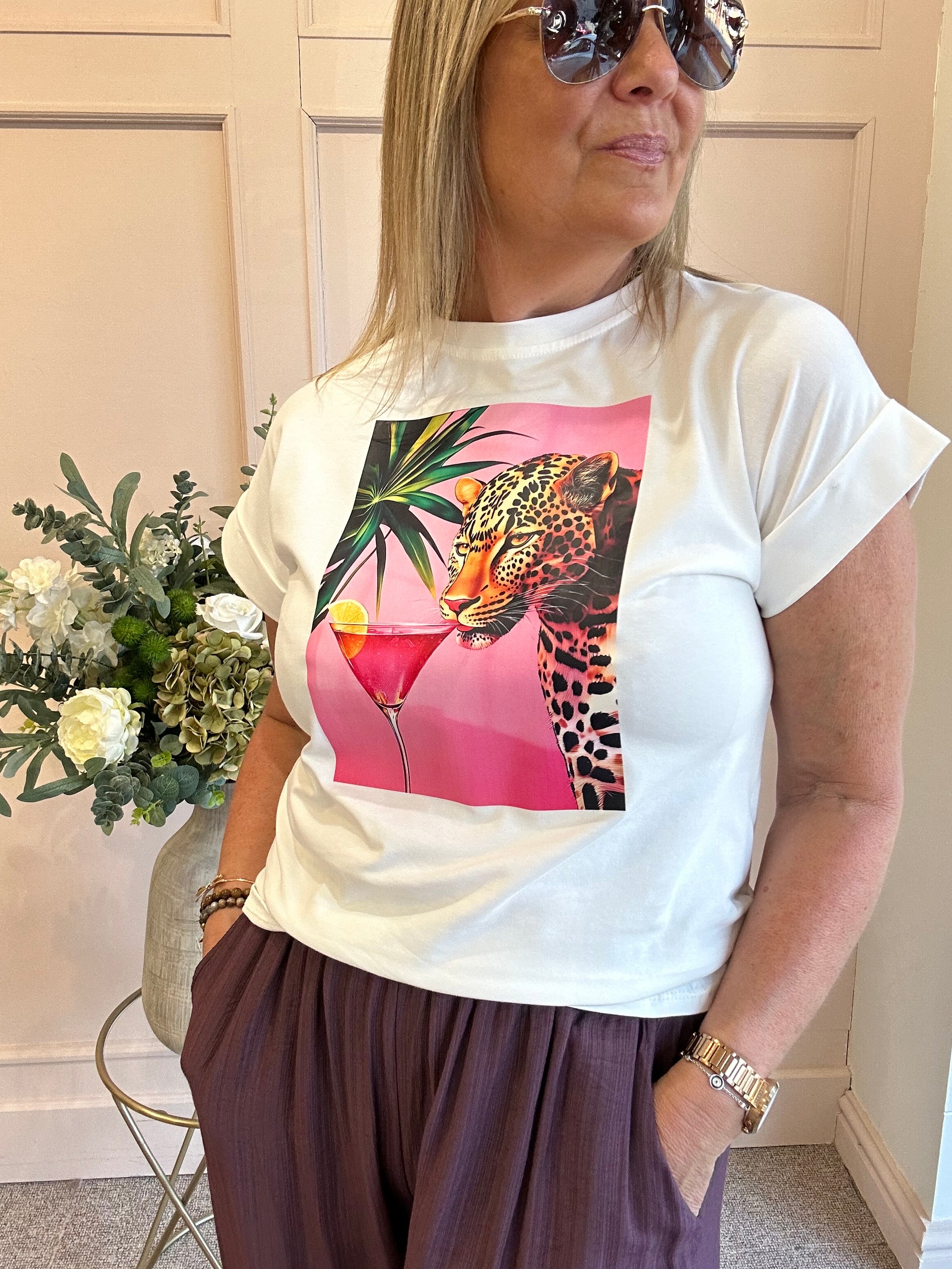 Leopard & Cocktail T Shirt  - White