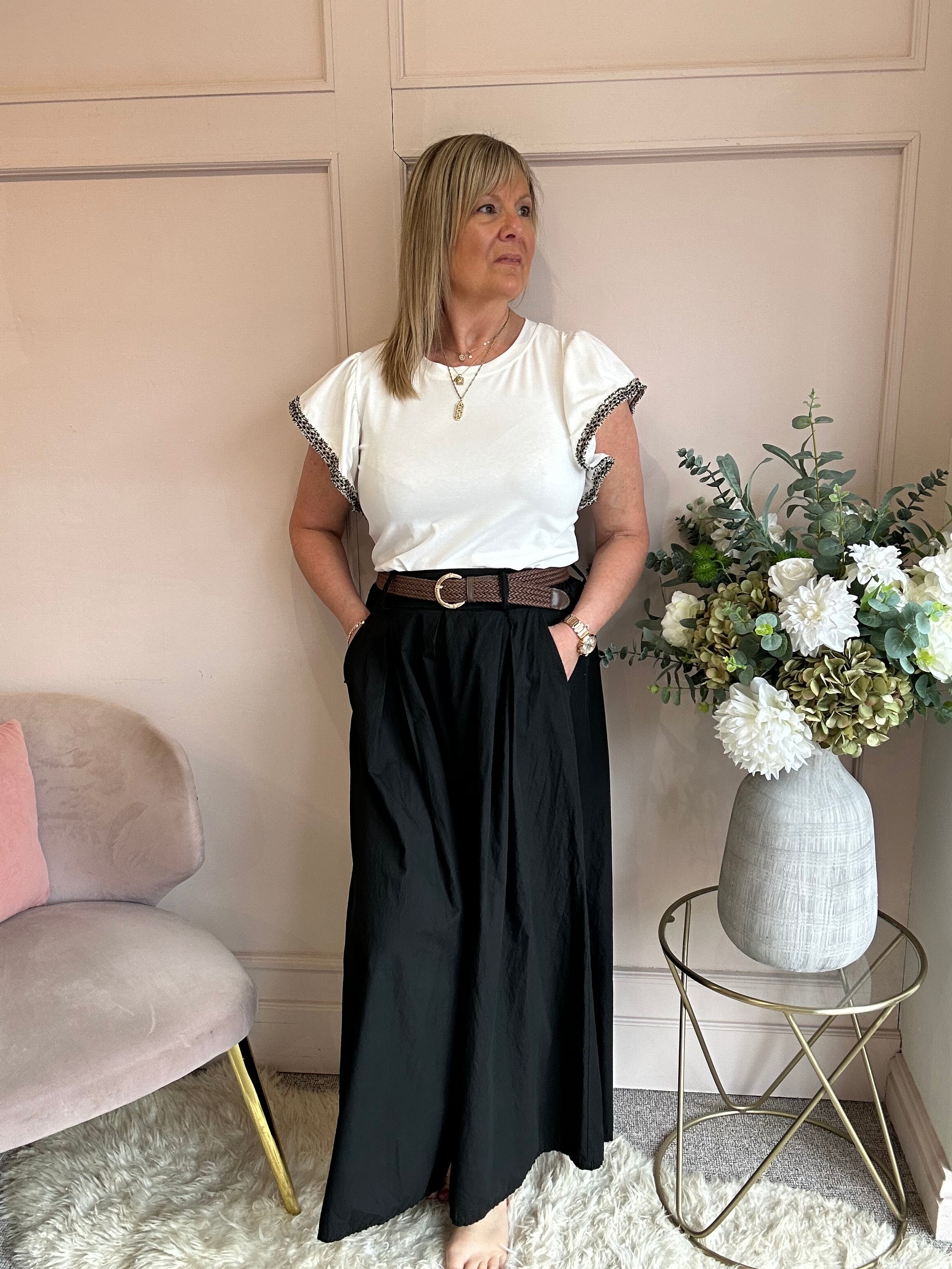 Black Gold Frill Edged T Shirt  - Soft Cream - Wardrobe By Simone