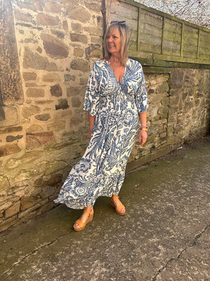 Flower Leaf Mix Maxi Dress - Blue/White