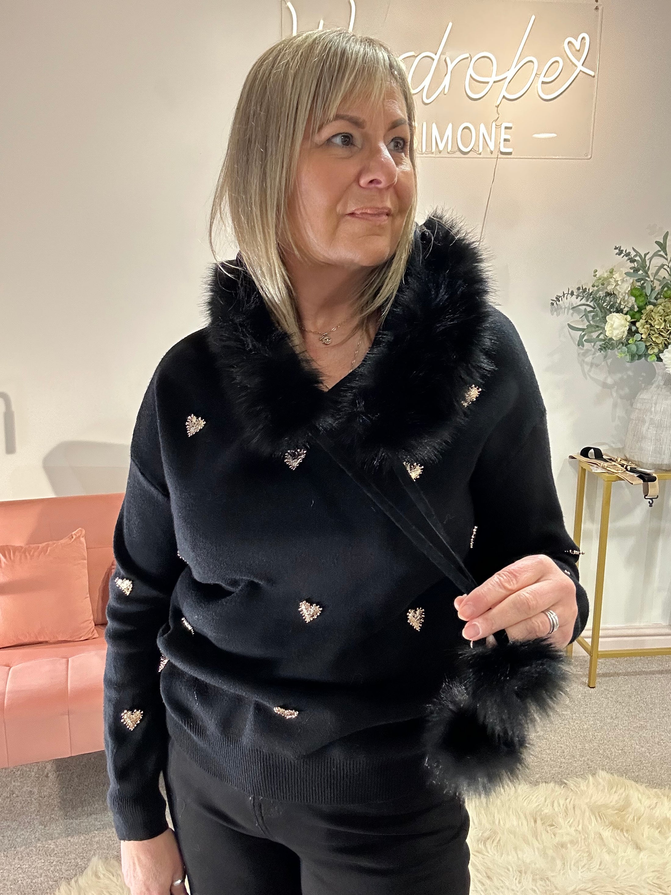 Gold Hearts & Fur Trim Hoody Jumper - Black