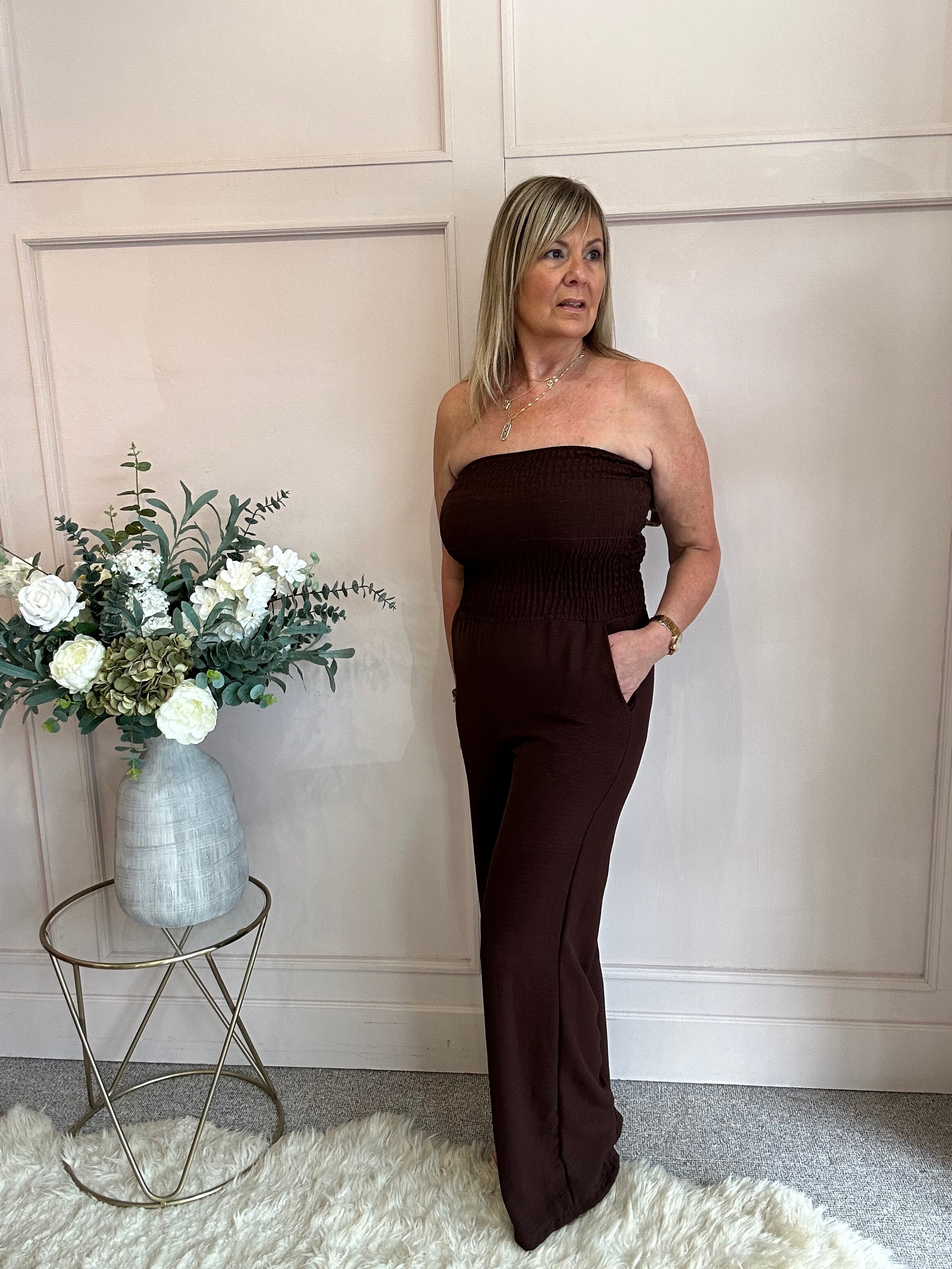 Bardot Elastic Top Wide Leg Jumpsuit Brown -One Side