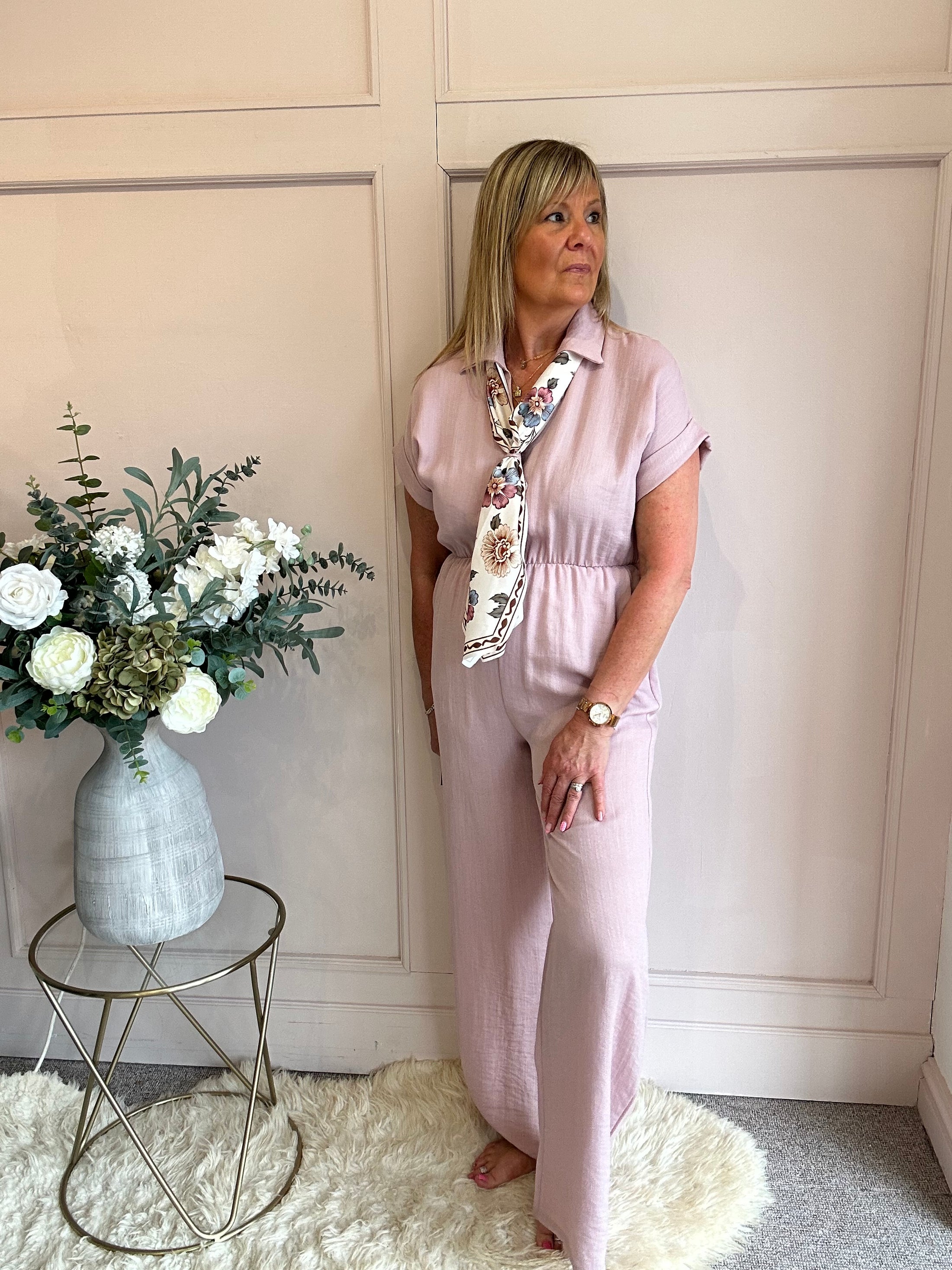 Collared With A Tie  Jumpsuit - Dusky Pink - Wardrobe By Simone