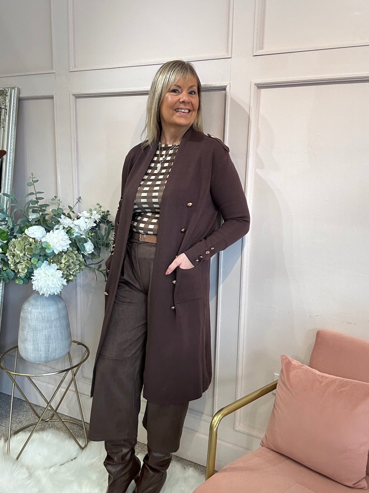 Long Gold Button Cardigan/Jacket - Brown