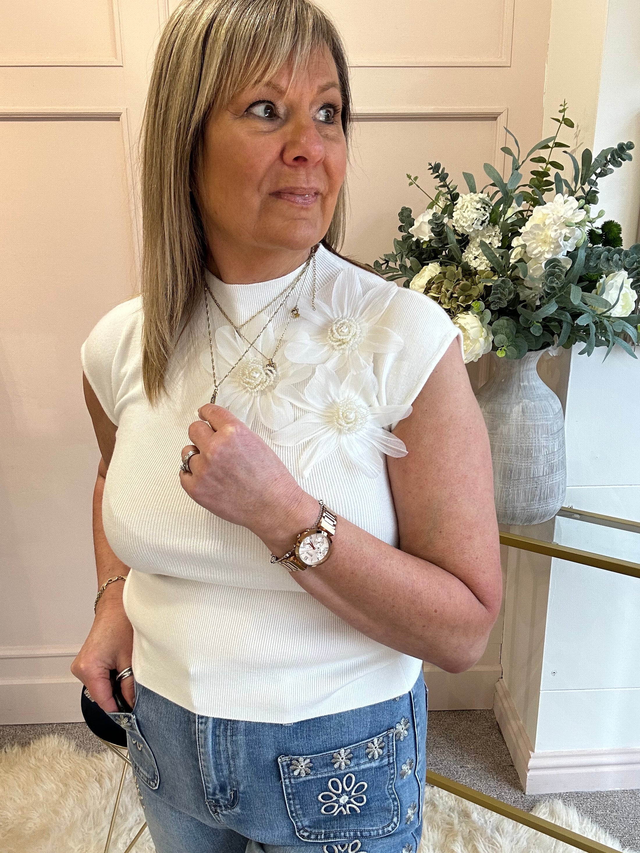 Flower Pearl Detailed Top  - White - Wardrobe By Simone