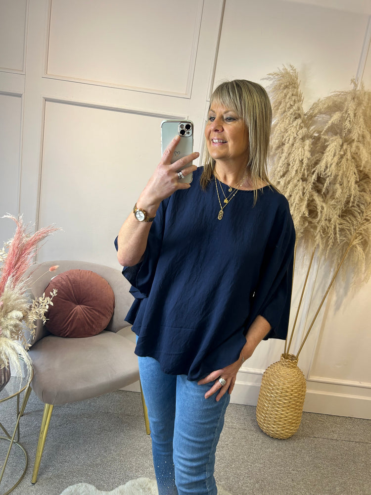 Loose Fitting Mid Sleeve Top - Navy - Wardrobe By Simone