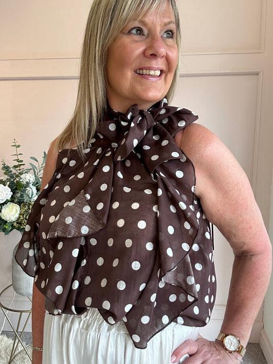 Spotty & Ruffle Top - Brown/White - Wardrobe By Simone