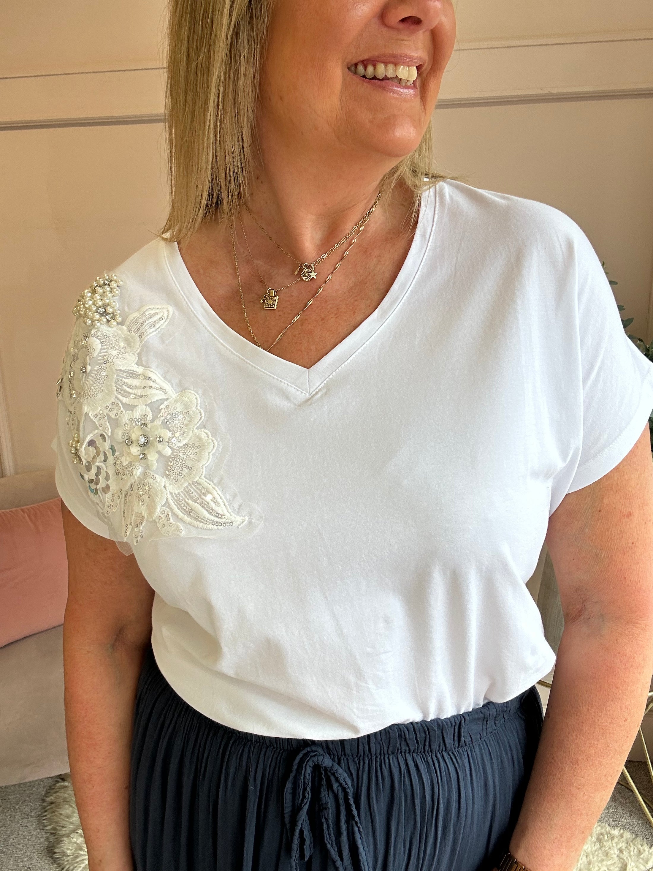 Sparkle & Pearl T Shirt  - White - Wardrobe By Simone