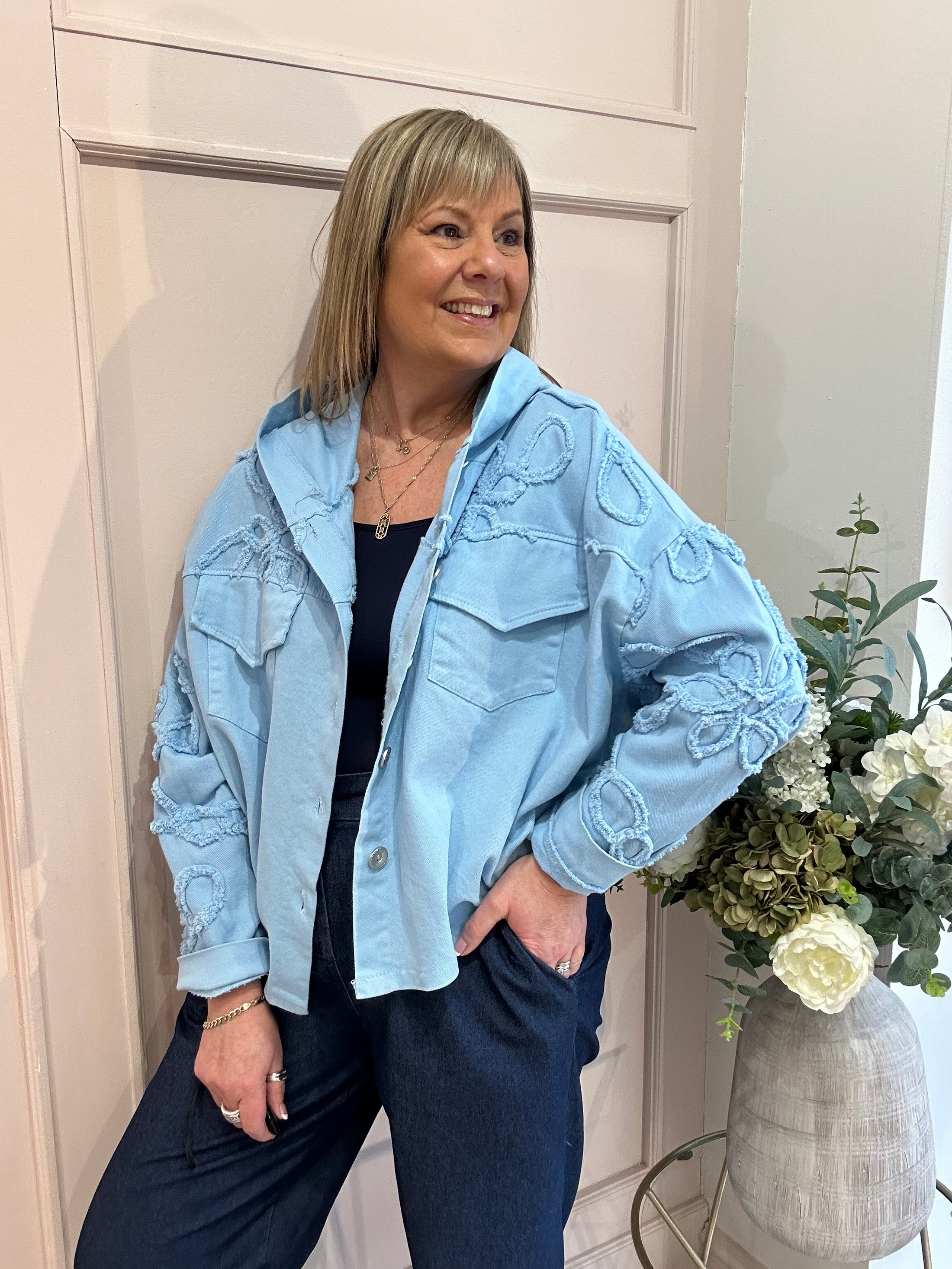 Denim Hooded Jacket - Powder Blue - Wardrobe By Simone