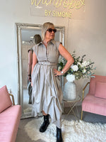 Quirky Belted Ruched Skirt Dress - Taupe