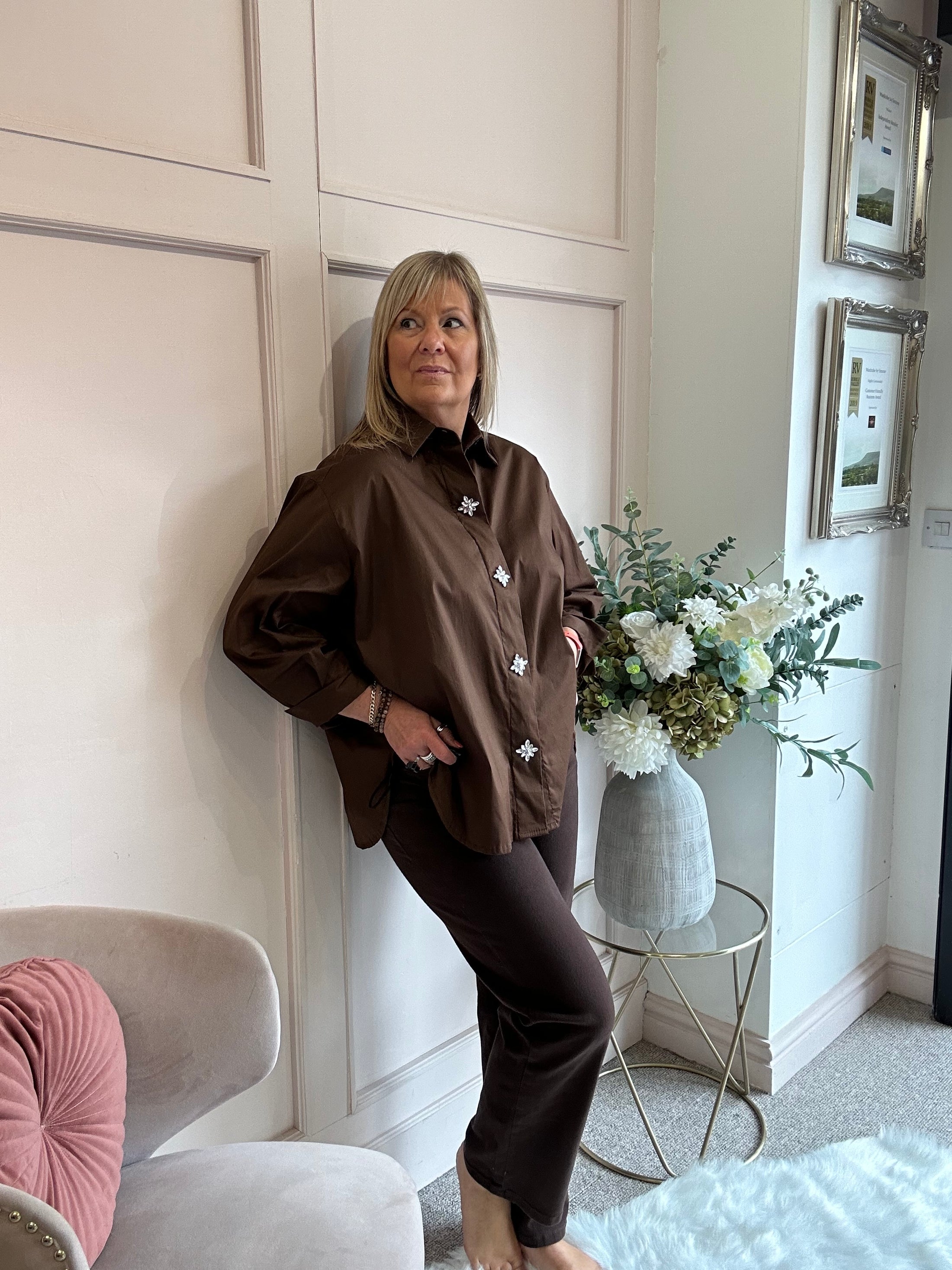 Jewel Button Shirt - Brown