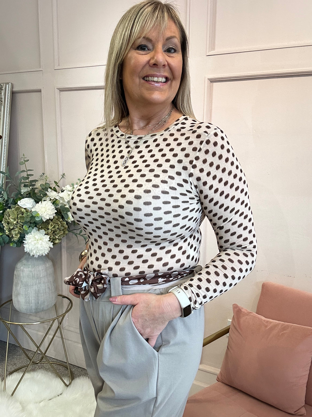 Spotty Mesh Top - Brown/Cream