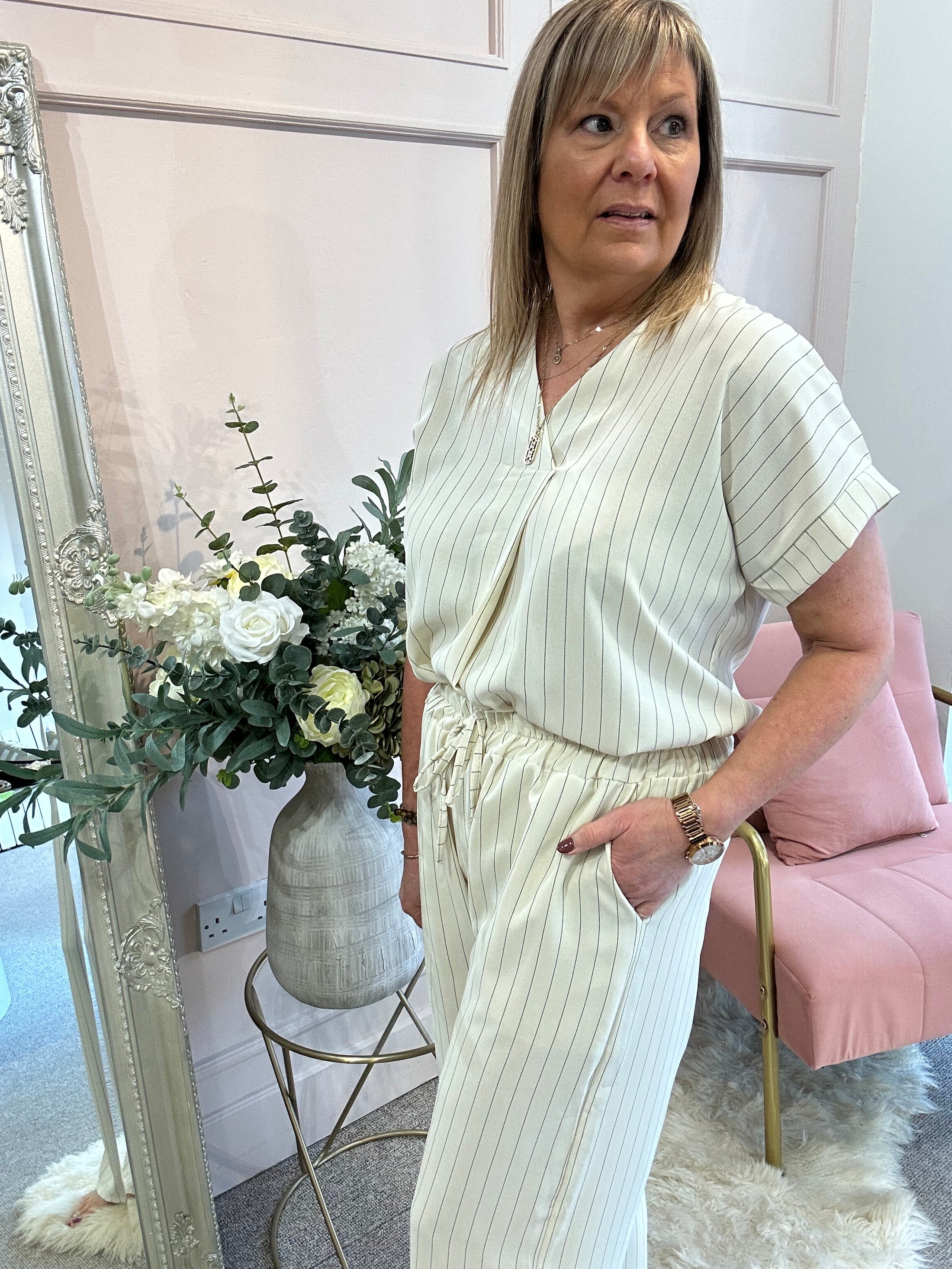 Pinstriped V Neck Top & Pant Set - Cream/Black